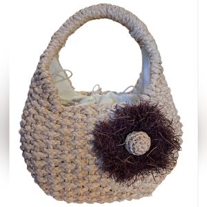 Clements Ribeiro Chic Cream Woven Shoulder Bag with Brown Flower Accent